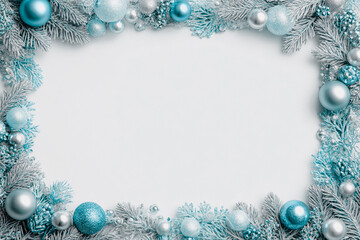 Festive Christmas border with blue and silver ornaments and spruce branches on white background