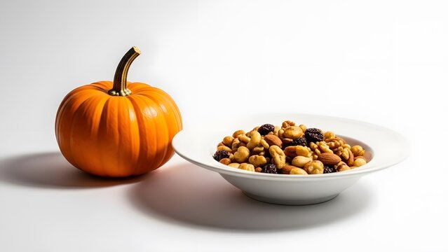 Small pumpkin and bowl of mixed nuts and dried fruit healthy snack on white background autumn harves