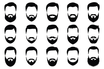 Beard Styles Collection, a detailed vector set showcasing diverse men’s beard shapes, modern facial hair trends, grooming designs, and stylish hair fashion elements for professional illustration.