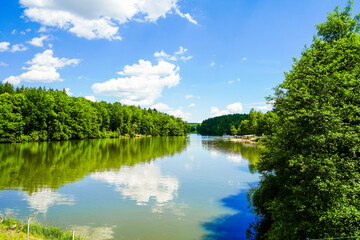 View of Lake Kre&szlig;bach and the surrounding landscape. Nature by the lake near Ellwangen.
