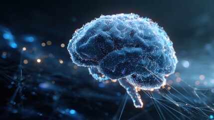 Abstract Digital Depiction of a Human Brain with Glowing Nodes and Neural Connections in Blue