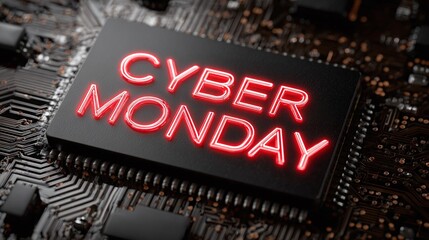 Cyber Monday represented on a circuit board. Glowing red lettering stands out on the dark, technological landscape. Perfect for deals and tech themes. Shop now!
