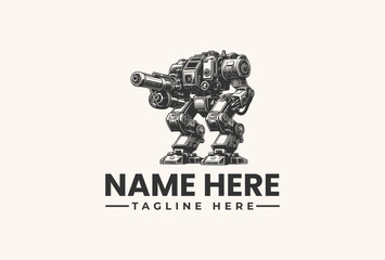 Retro Sci-Fi Mech Robot Logo Vector Illustration. Detailed Bipedal War Machine Design, Futuristic Battle Tech Emblem. AI Controlled Battlebot Art Concept for Gaming or Esports