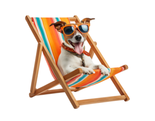 Cool Dog Relaxing in a Striped Deck Chair Wearing Sunglasses isolated on a transparent background