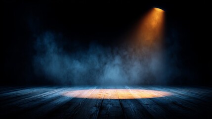 showbiz. Empty stage with dramatic smoky spotlight effect, atmospheric lighting, dark theater background with soft focus. event programs.
