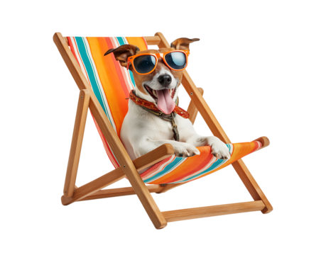 Cool Dog Relaxing in a Striped Deck Chair Wearing Sunglasses isolated on a transparent background