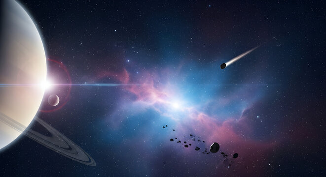 A vibrant cosmic landscape featuring a ringed planet, a glowing nebula, an asteroid belt, and a soaring comet in deep space - Powered by Adobe