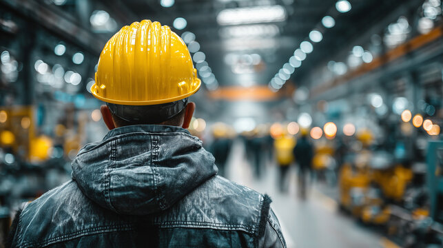 A worker in a yellow hard hat looks out onto the workshop of a modern factory, the blurred lights of the equipment creating a dynamic atmosphere in the production space.
- Powered by Adobe