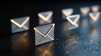 Illuminated envelope icons, symbolizing digital communication and connectivity on a dark reflective surface, suggesting concepts like notifications and online messages.