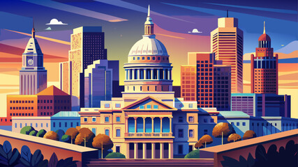 Obraz premium Very beautiful stylized vector illustration of Austin’s skyline highlights clean architectural lines, the prominent capitol dome, and balanced shapes perfect for travel guides, posters, and modern 