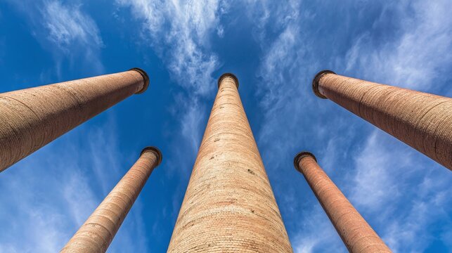 A low-angle perspective showcases the towering brick chimneys silhouetted against a vibrant blue sky dotted with soft, scattered clouds, evoking a sense of upward reach.