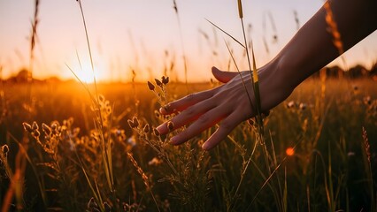 Hand touching grass at sunset warm light nature connection and peaceful summer scene