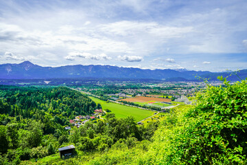 View of the landscape near Landskron in Carinthia. Nature in Austria near Villach.

