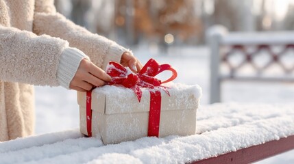 Christmas parcel sits on snow-covered bench as hands adjust bright ribbon in winter scene