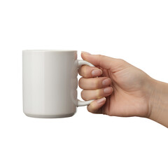 A persons hand holding a plain white ceramic coffee mug with a handle, isolated on white background