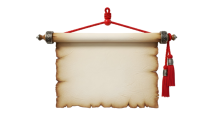 An old, blank parchment scroll hanging from a red cord with decorative tassels, isolated on a white background.