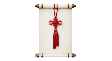 Close-up shot of an ancient scroll with a red decorative knot and tassels hanging down.