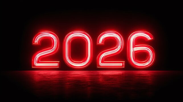 A vibrant image displays '2026' in glowing red neon lights, set against a sleek black background. The numbers shimmer, reflecting on the surface below, hinting at the future.