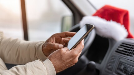Man texting on smartphone in delivery van with Santa hat on dashboard during winter
