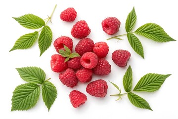 Juicy ripe raspberries featuring rich red tones and leaf detail isolated on white background from above, suitable for food ads and wellness visuals.
