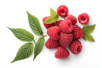 Juicy ripe raspberries featuring rich red tones and leaf detail isolated on white background from above, suitable for food ads and wellness visuals.
