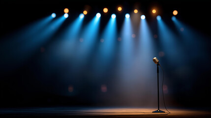 Blue spotlight shining on empty concert stage with microphone stand, entertainment venue preparation, dramatic lighting effect, performance space ready for show, theatrical atmosph