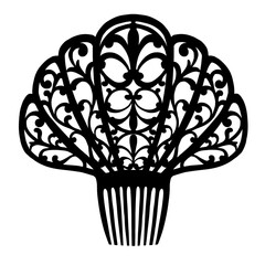 Hair comb in openwork silhouette of a traditional Spanish,classic accessory for Flamenco dance and cultural dress.Vector illustration black and white for event branding,cultural projects,fashion