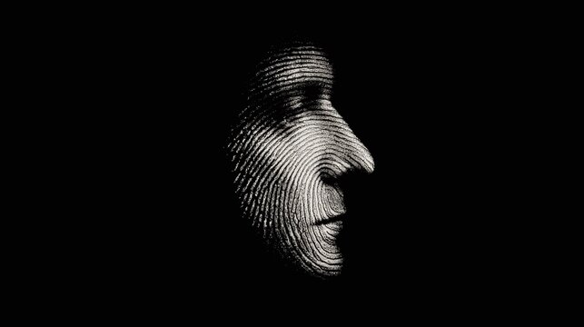 Abstract profile in monochrome, skin rendered as a fingerprint pattern, isolated against a black backdrop for emphasis. Texture and unique identity. Artistic portrayal.