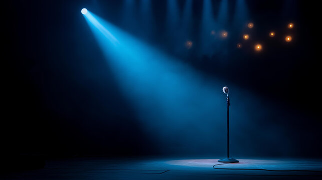 Blue spotlight shining on empty concert stage with microphone stand, entertainment venue preparation, dramatic lighting effect, performance space ready for show, theatrical atmosph