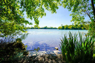 View of the Langwieder lake district and the surrounding landscape. Nature by the lake near Munich in Bavaria.
