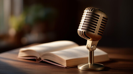 Retro microphone next to open book under warm lighting, literature podcast or music-themed design visuals, creative content production, audio recording atmosphere, storytelling equ