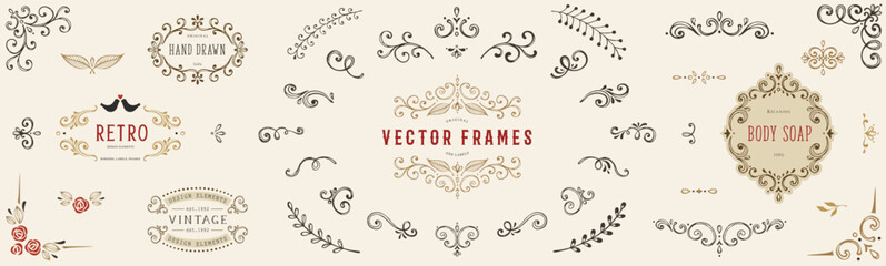 Hand drawn frames, labels and logos. Classic calligraphy swirls, swashes, dividers, floral motifs. Good for greeting cards, wedding invitations, branding, graphic design, packaging, stickers. © KatyaKatya