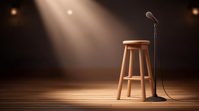Spotlighted stage with microphone on stand and wooden stool, ready for live performance or standup comedy act, entertainment venue preparation, comedy club setting, minimalist stag