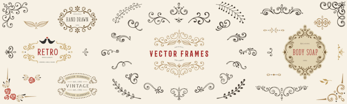 Hand drawn frames, labels and logos. Classic calligraphy swirls, swashes, dividers, floral motifs. Good for greeting cards, wedding invitations, branding, graphic design, packaging, stickers.