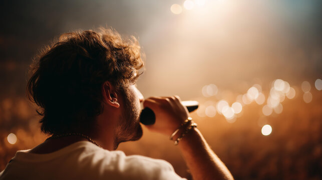 Faceless energetic male singer performing live on stage in front of crowd, concert entertainment, vocal performance, live music event, defocused performer and audience, dynamic sho