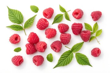 Juicy ripe raspberries featuring rich red tones and leaf detail isolated on white background from above, suitable for food ads and wellness visuals.
