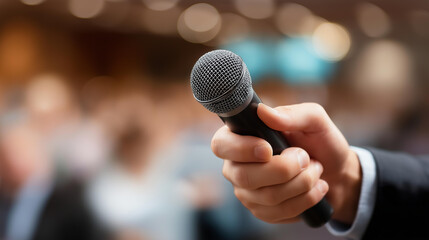 Faceless speaker addressing large audience with microphone in hand at conference or event, communicating information in professional setting, business presentation, defocused speak
