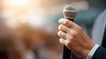 Faceless speaker addressing large audience with microphone in hand at conference or event, communicating information in professional setting, business presentation, defocused speak