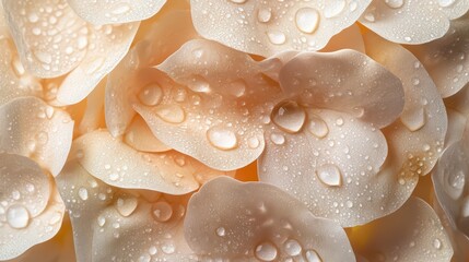 Close up of delicate pale rose petals covered in morning dew drops