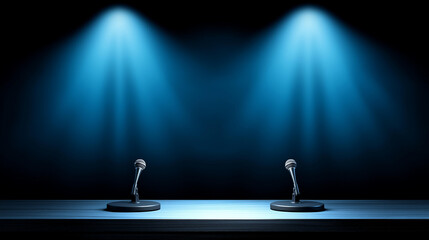 Podium with microphones on stage illuminated by blue spotlight, conference equipment, presentation setup, professional speaking engagement preparation, formal event staging, dramat