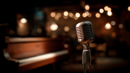 Vintage microphone stands prominent surrounded by dimly lit jazz club setup featuring piano drums, classic entertainment venue, retro performance space, nostalgic music atmosphere,