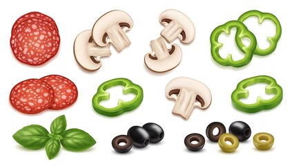 Exciting pizza toppings selection for creative culinary projects, vibrant green peppers, mushrooms, pepperoni, olives, and fresh basil on white