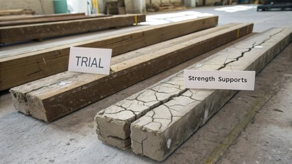 Cracked concrete beams on display for strength testing analysis