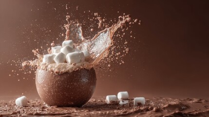 Hot chocolate splash with flying marshmallows in slow motion on brown background