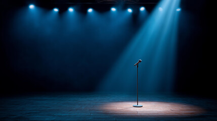 Blue spotlight shining on empty concert stage with microphone stand, performance venue preparation, entertainment space illumination, dramatic lighting effect, theatrical atmospher
