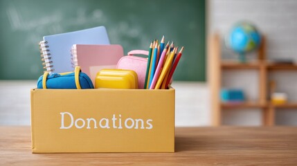 Donation box with school supplies in classroom for charity and back to school drive