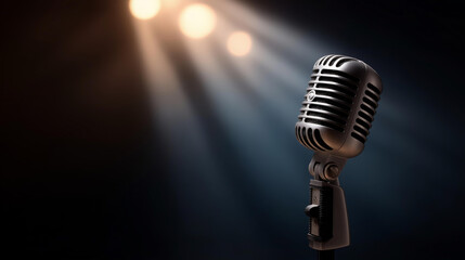 Vintage microphone under stage spotlight illumination, classic entertainment equipment, retro audio gear, dramatic lighting effect, performance preparation, nostalgic concert setti