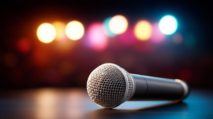 Obraz premium Modern wireless microphone resting on stage floor with blurred concert lights in distance, capturing atmosphere of live event, entertainment venue, defocused lighting background, w
