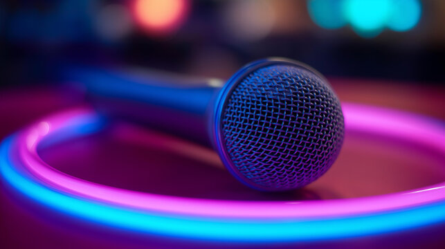 Closeup of microphone on stage with blue and purple neon light background, modern entertainment equipment, colorful lighting atmosphere, professional audio gear, vibrant performanc - Powered by Adobe