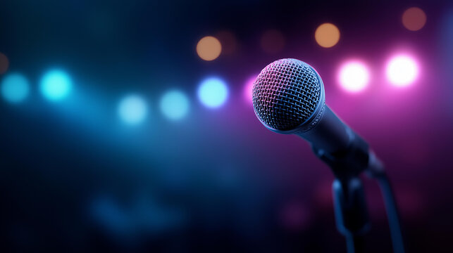 Closeup of microphone on stage with blue and purple neon light background, modern entertainment equipment, colorful lighting atmosphere, professional audio gear, vibrant performanc